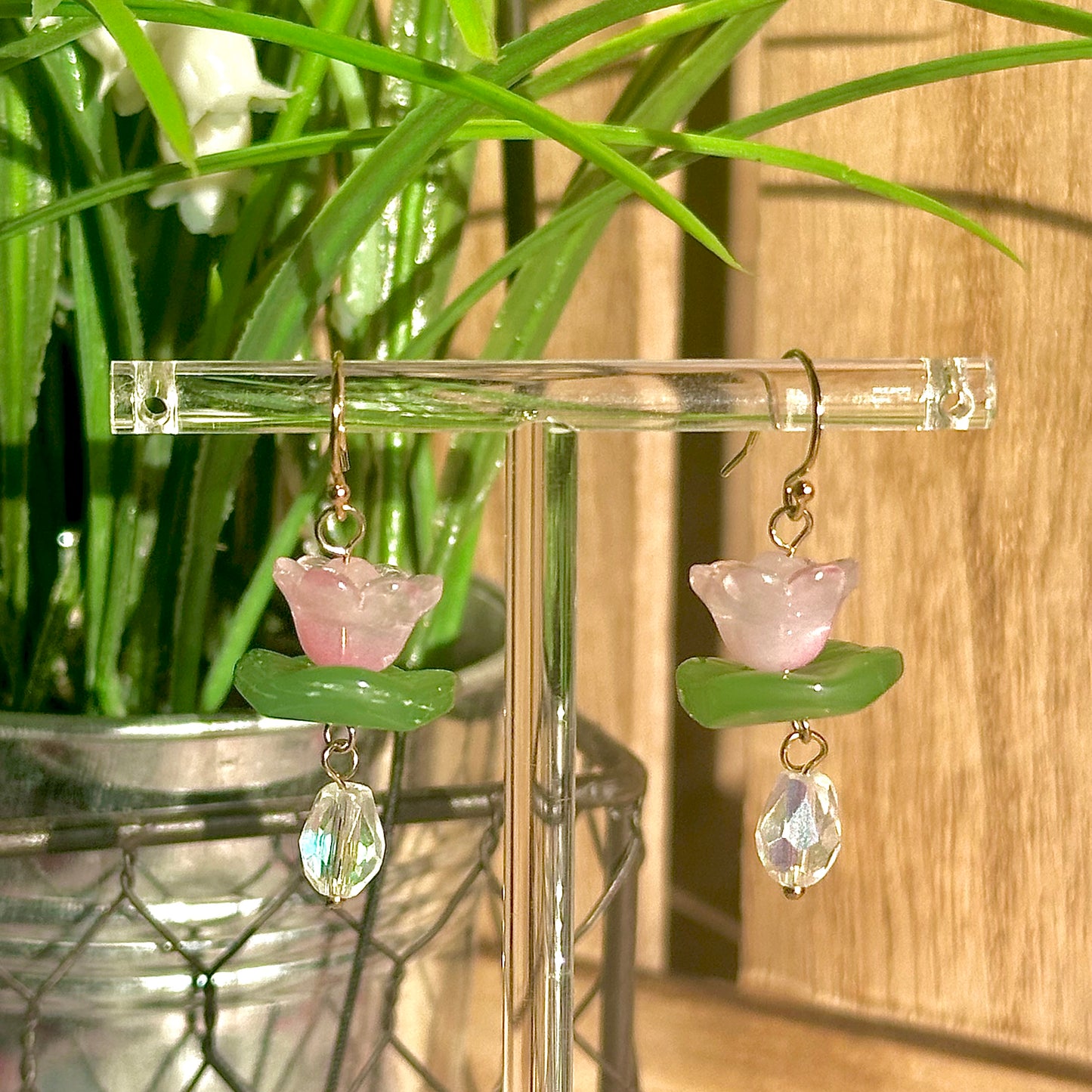 gold-filled pink lotus dangles