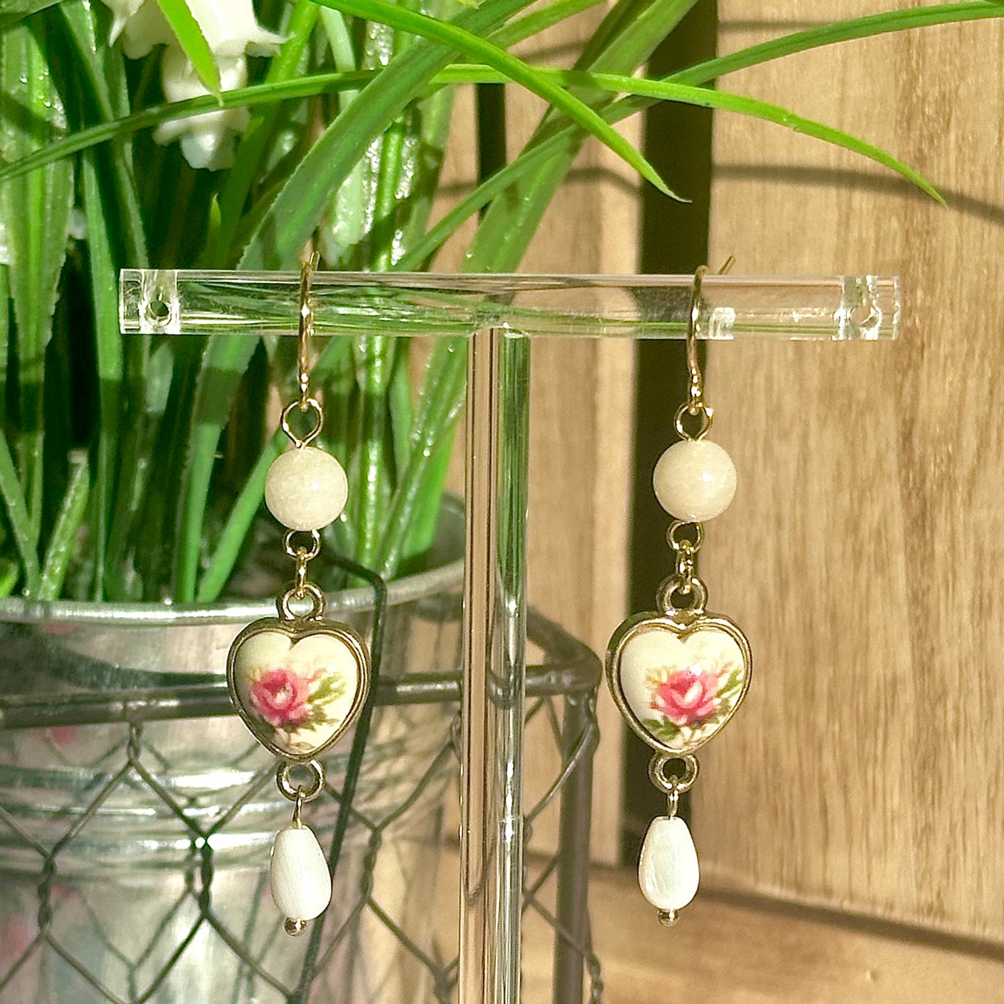 gold porcelain style heart earrings