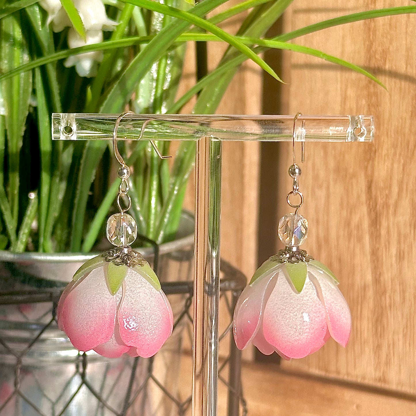 sterling silver pink rose bloom earrings