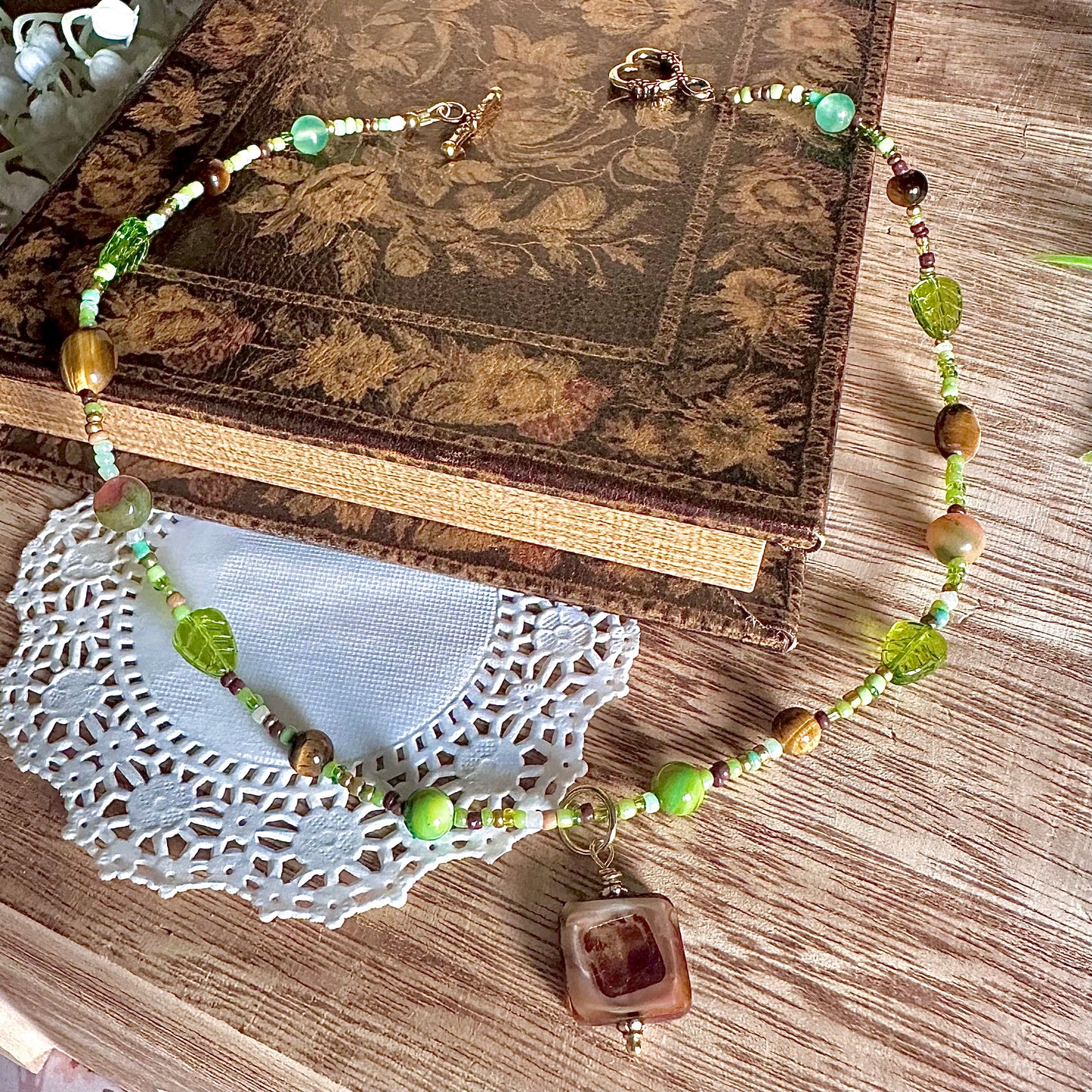 green and brown earthy semi-precious beaded necklace