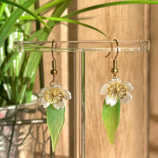 white flower bloom earrings