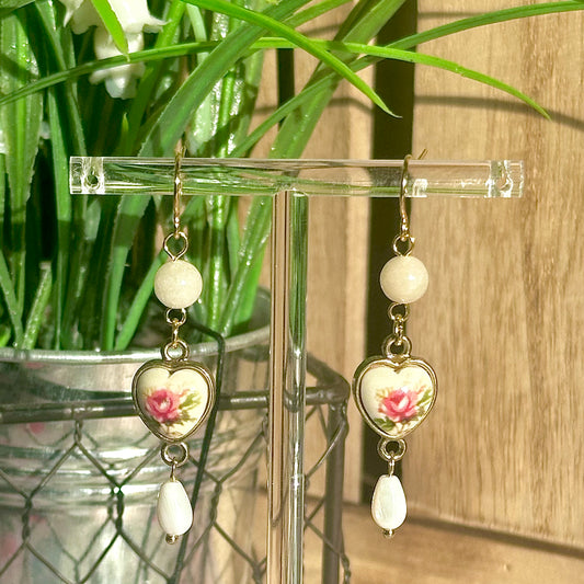 gold porcelain style heart earrings