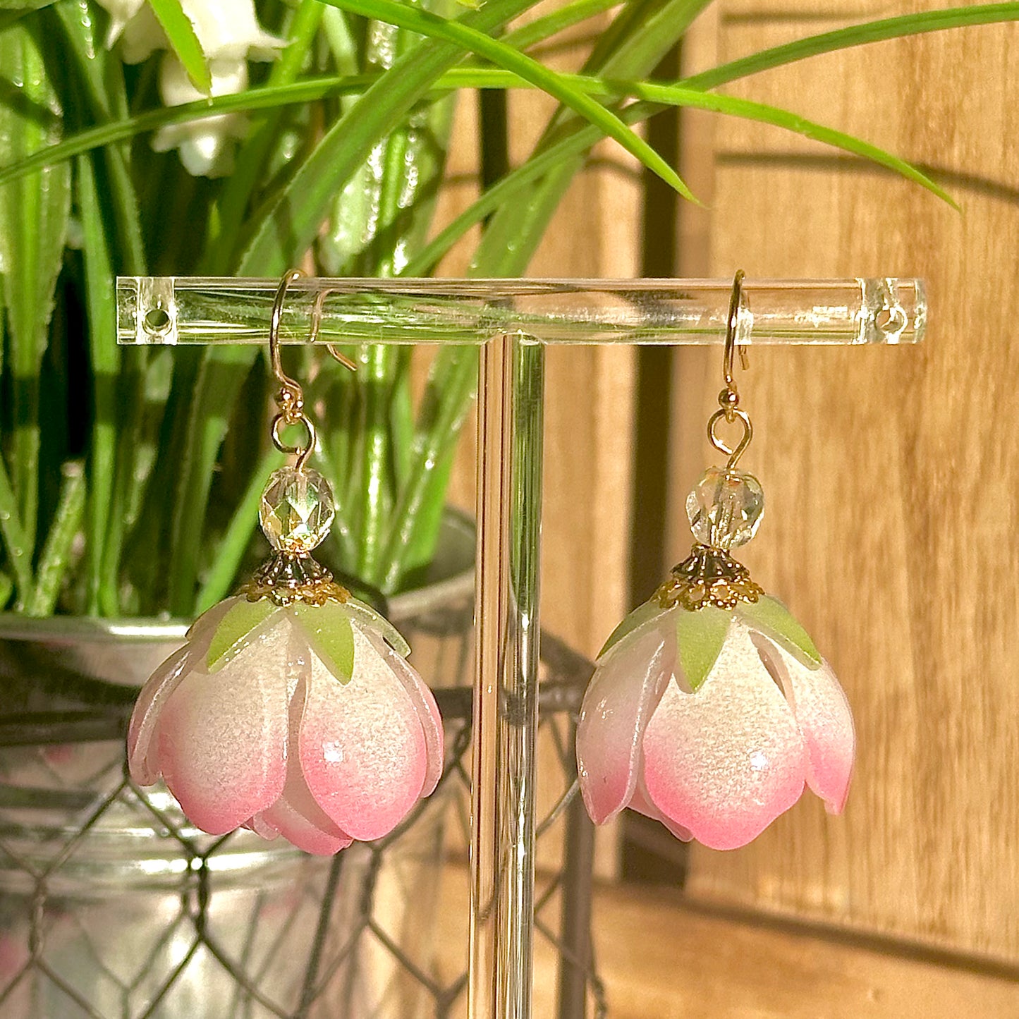 gold-filled pink rose bloom earrings