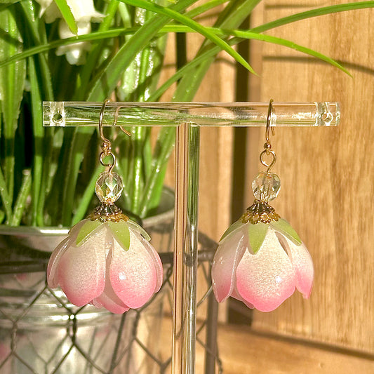 gold-filled pink rose bloom earrings