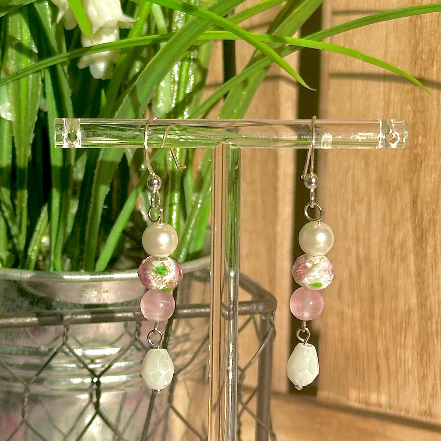 sterling silver pinks and whites drop earring