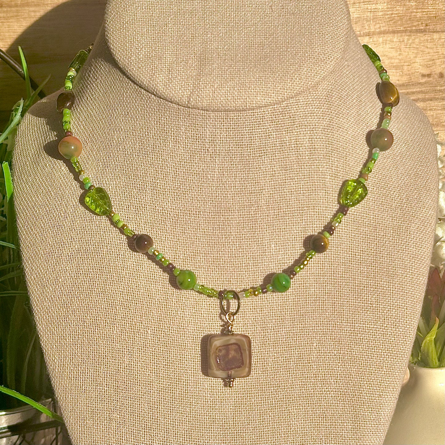 green and brown earthy semi-precious beaded necklace