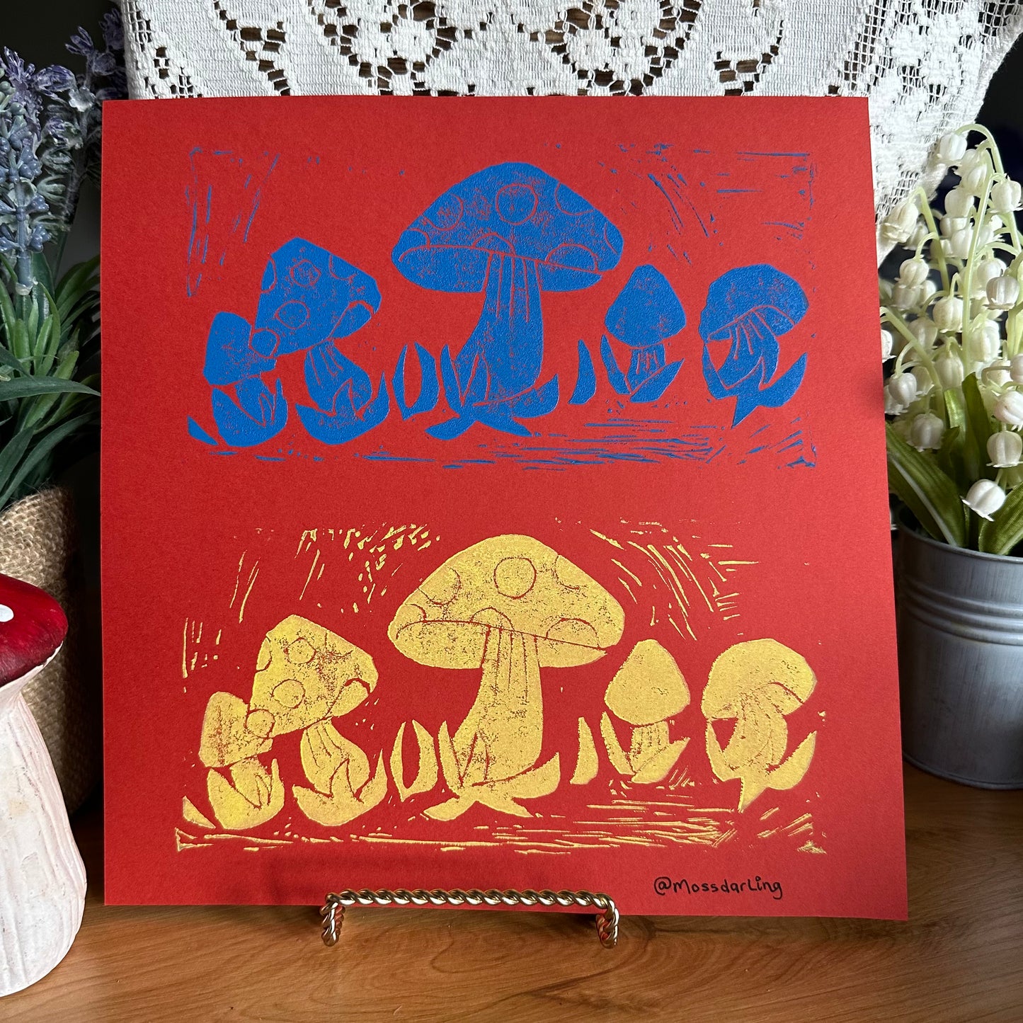 mushroom lino print (3 versions)