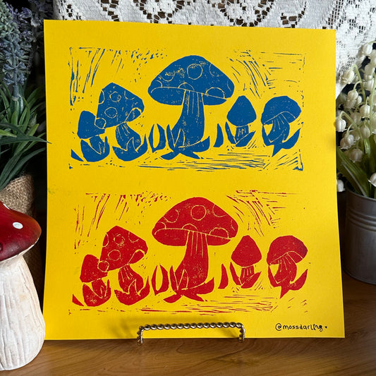 mushroom lino print (3 versions)