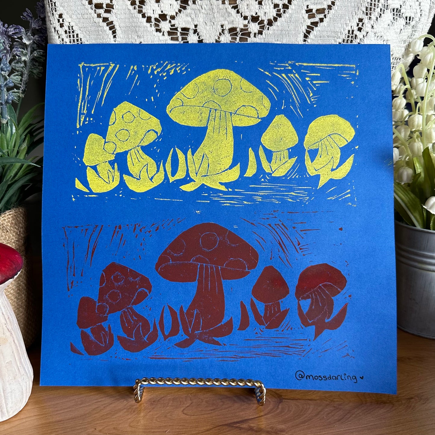 mushroom lino print (3 versions)